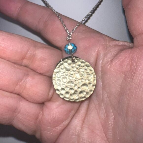 Silver and Gold Tone Hammered Disc Bead Charm Necklace - Picture 5 of 7